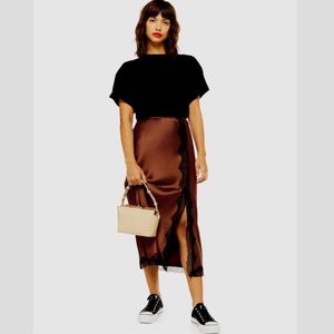 Topshop Lace Trim Satin Bias Midi Skirt